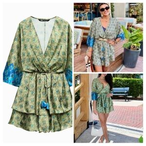 Zara Green and Blue Printed Wrap Mini Dress